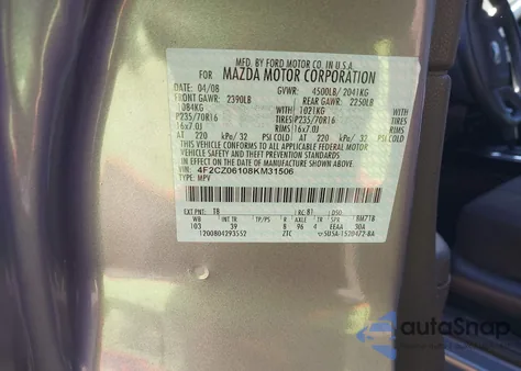 2008 Mazda Tribute S Touring from USA, damaged, VIN 4F2CZ06108KM31506